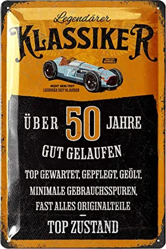 LANOLU Blechschild Schild 50 Geburtstag, SCHILD 50 JAHRE KLASSIKER, Geschenke für den 50 Geburtstag Mann, lustiges Schild 50 Geburtstag Deko als lustige Geburtstagskarte, vintage Metallschild 20x30 cm