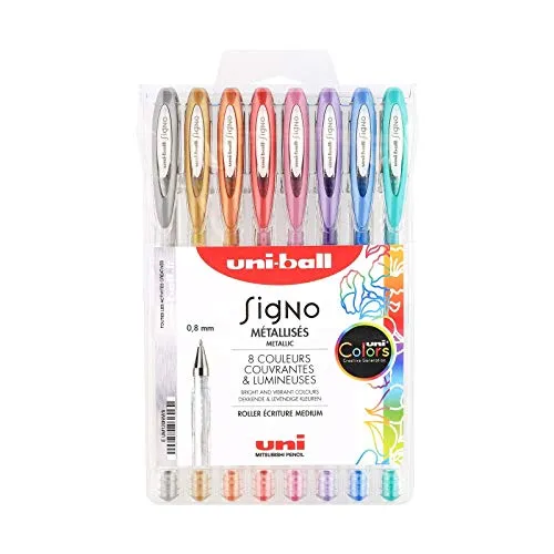 Uni-Ball Mitsubishi Pencil – 8 Gelschreiber Signo – Metallic-Farben – Spitze 0,8 mm – mittlere Schrift – Kreative Inliner für Karten und kreative Hobbys