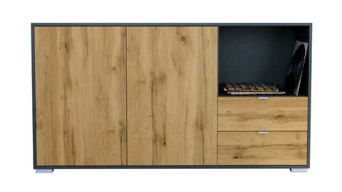 Vladon Sideboard Milano (Kommode mit 2 Türen Eiche Evoke, 2 Schubladen Eiche Evoke, Made in Germany), Korpus Anthrazit matt (152,5 x 83 x 37 cm)