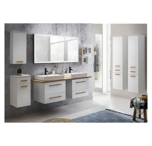 Lomadox Badmöbel-Set Dabo-04, 7-teilig, Weiß mit Landhaus Eiche - Stilvolles Badmöbel-Set in Weiß mit Landhaus-Optik, ideal für moderne Badezimmer. Inklusive 7 Teilen, platzsparend und funktional, für eine einfache Selbstmontage.