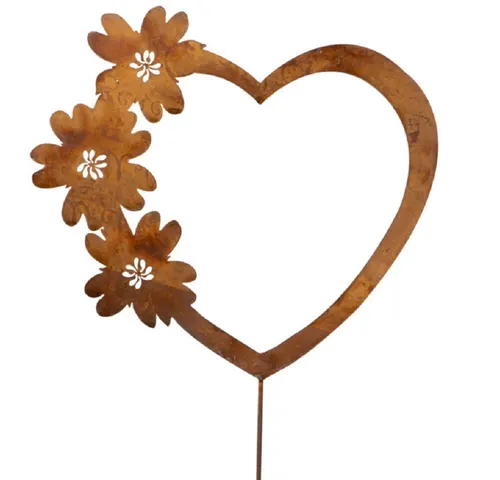 Dragimex Gartenstecker Metall Stecker. HERZ mit Blumen. Rost Gartenstecker. 58 cm.