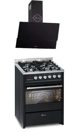 GURARI Gas-Standherd 60 cm Schwarze Gasherd mit Elektrobackofen 60 L, Erdgas/Propangas, 4 Kw, WOK, Range Coocker mit Dunstabzugshaube 60 cm, Schwarz Glas,1000m³/h, Randabsaugung GCH E 610 BL+GCH 268 BL 6 PRIME., mit 1-fach-Teleskopauszug