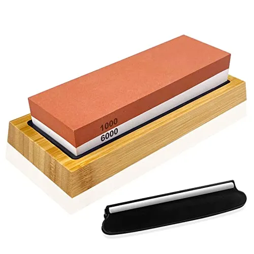Uootach Schleifstein Abziehstein Set, Professioneller Messerschärfer Whetstone 1000/6000, Doppelseitiger Schleifstein, Wetzstein mit rutschfestem Bambusboden, Antirutschmatte aus Silikon und Locator