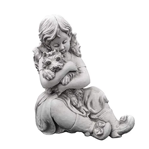 Gartenfigur Kleines Mädchen mit Hund, 41 cm Steinfigur in grau von gartendekoparadies