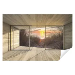 Wallarena Fototapete 3D EFFEKT Strand Meer Terrasse Berge Fenster Wohnzimmer Schlafzimmer, Glatt, 3D-Optik, Tapete inklusive Kleister Vliestapete Motivtapete 3.68 m x 2.54 m