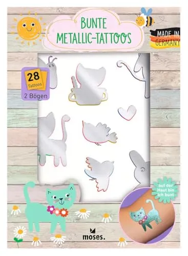 moses. bunte Metallic-Tattoos, 28 frühlingshafte Motive mit schimmernden Effekt auf der Haut, einfache Anwendung, für Kinder ab 4 Jahren, Made in Germany