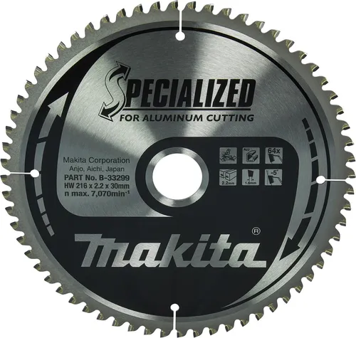 Makita Specialized Sägeblatt 216 x 30 mm, 64Z, B-33299 - Kreissägeblatt mit 64 Zähnen, passend für Makita und andere Hersteller, für präzise Schnitte und optimale Leistung.