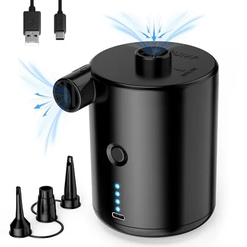 TECHSHARE Elektrische Luftpumpe mit 4000mAh Akku - Tragbare elektrische Luftpumpe mit 3 Düsen, ideal für Luftmatratzen und Pools. USB wiederaufladbar für bis zu 40 Minuten Nutzung – perfekt für Camping und Strandausflüge.