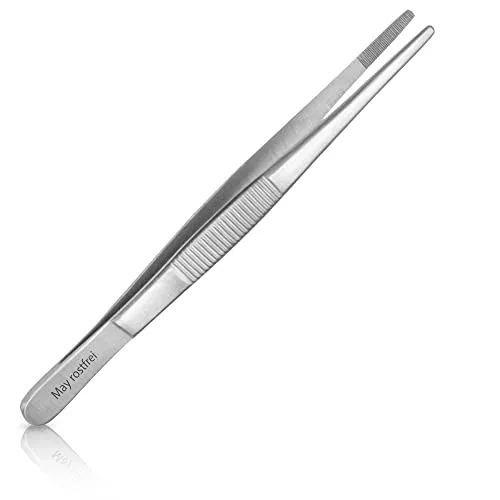 May Kochpinzette gerade 15 cm Küchenpinzette Grillpinzette Edelstahl | Handliche, spülmaschinengeeignete Pinzette mit geriefter Spitze für Küche und Hobby