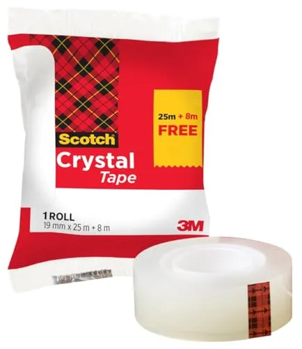 Scotch Crystal Klebeband - 1 Rolle, 8 m GRATIS, 19 mm x 25 m, exzellente Haftkraft und ideal für Reparaturen und das Verschließen von Dokumenten