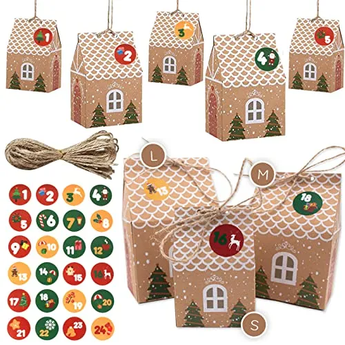 DIY Adventskalender Häuser in 3 Größen zum Basteln und Befüllen - 24 braune, bedruckte, faltbare Häuschen mit Zahlen-Aufklebern und Kordel für Weihnachten 2025