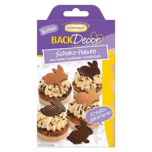 Günthart BackDecor 16 Schokoladenhasen aus feiner Zartbitter Schokolade mit Farbaufdruck