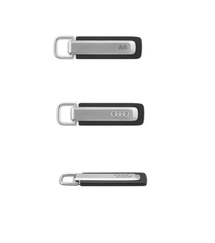 Original Audi Schlüsselanhänger A6, stilvoll in Silber/Schwarz - Schlüsselanhänger aus hochwertigem Metall und Audi Sitzleder Valcona, entworfen von Audi Designern. Ideal für Audi-Fans und stilbewusste Autofahrer.