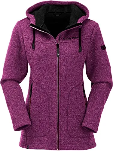 MAUL Sport Wilde Kaiserin - Strickfleece Mantel mit Kapuze in Lila (80) 42 - Funktionsjacke für Damen, atmungsaktiv und schnelltrocknend, ideal für herbstliche Wandertouren und Alltag, mit modischen Details und praktischen Reißverschlusstaschen.