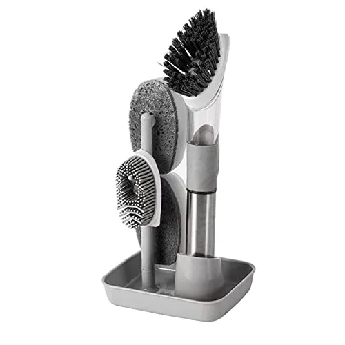 SacJkt Spülbürste mit Spülmittelspender, Abwaschbürste mit 4 Ersatzkopf und Spülbecken Organizer, Reinigungsbürste Schwammköpfen Set, Küchenbürste für Topf, Pfanne, Spüle (Grau)