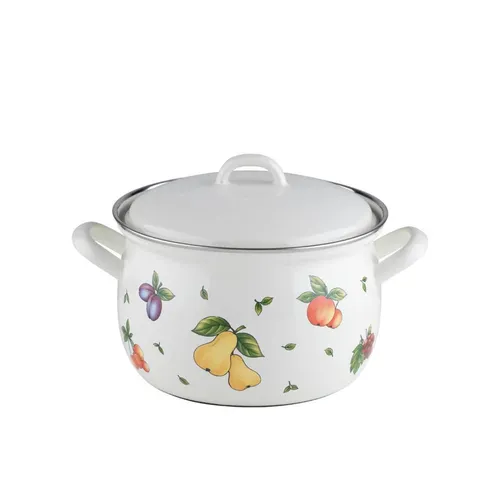 Riess hoher Topf 2,5l 18cm Fruit Garden - Kochtopf aus emailliertem Eisen, ideal für energiesparendes Kochen. Mit passgenauem Deckel als Energiewächter und robusten Griffen – perfekt für Suppen, Eintöpfe und mehr.