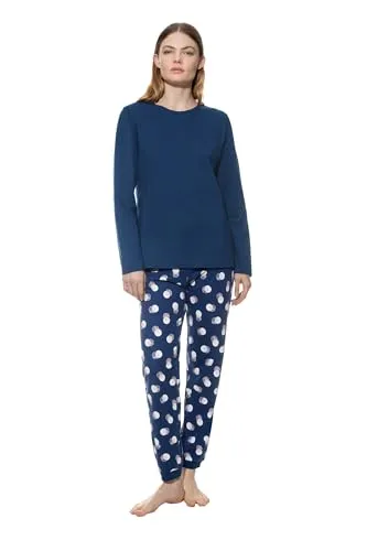 Mey Damen Pyjama in Dunkelblau, Größe 46 - Elegante Nachtwäsche aus reiner Baumwolle mit Rundhalsausschnitt und flexibler Hose. Perfekt für entspannte Stunden zu Hause.