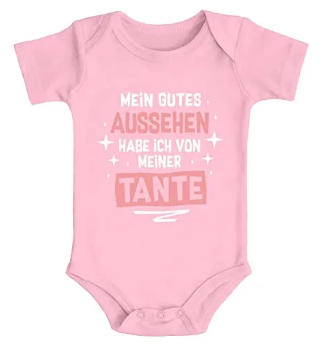 Produktbild MoonWorks® Baby Body Mein gutes Aussehen hab ich von meiner Tante/meinem Onkel lustige Sprüche Bio-Baumwolle Jungen & Mädchen Tante rosa 6-12 Monate