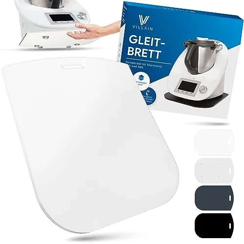 Villkin Gleitbrett kompatibel für Thermomix TM5 und TM6 - Aus Acrylglas mit hochwertigen Teflongleitern - Unterlage zum einfachen Verschieben (Universal, Weiß)