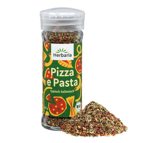 Herbaria Pizza e Pasta bio 50g Streuer - fertiges Bio-Pasta- & Pizzagewürz für italienische Gerichte - mit erlesenen Zutaten - im praktischen Glas-Gewürzstreuer
