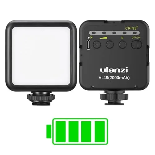 Camera Light, ULANZI VL49 Video Licht mit 2000mAh Akku, LED Videoleuchte 5500K Einstellbar, 3 Cold Shoe für Mikros und Lampen, Dauerlicht für Kamera Foto Schwarz