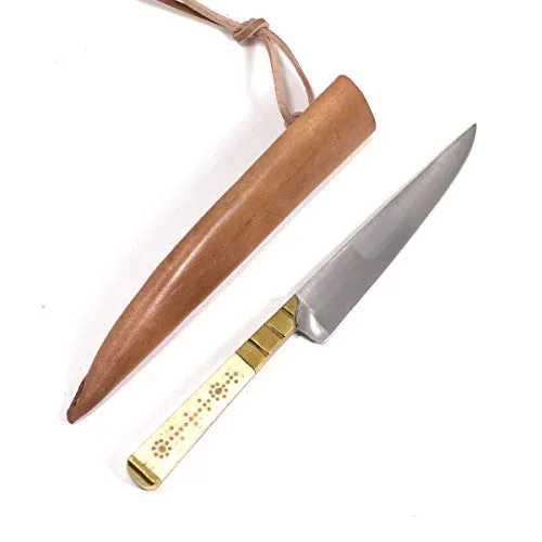 Vehi Mercatus Mittelalter ESS- und Gebrauchsmesser - Gürtelmesser mit edlem Edelstahl und naturweißem Knochengriff, inklusive stabiler Lederscheide für praktischen Transport.