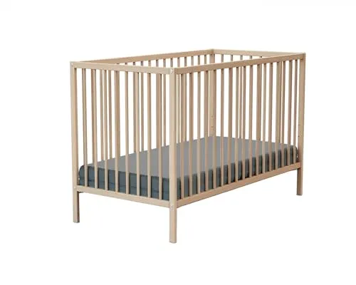 Webaby - Babybett Holz 60x120cm Buche Natur ONE | 124 x 64,5 x 82 cm |Kinderbett | Von Geburt an | Schlafkomfort | Lattenrost | Bett mit Gitterstäben | Verstellbarer Lattenrost in 3 Höhen