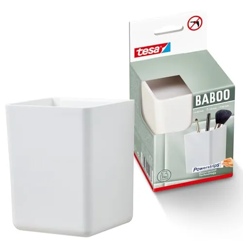 tesa Baboo Badorganizer ohne Deckel, matt-weiß - Bad-Aufbewahrungsbox zur Wandmontage ohne Bohren, inkl Powerstrips Waterproof Strips XL - 86 mm x 110 mm x 80 mm