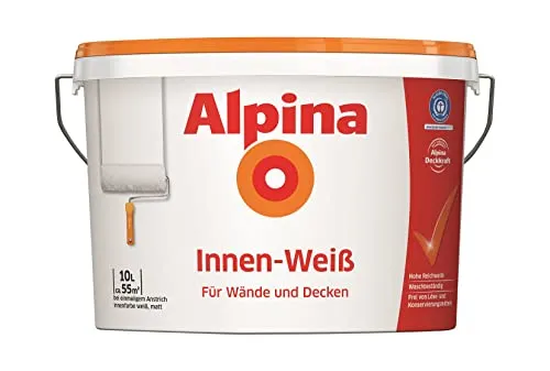 Alpina Wandfarbe Innen-Weiß 10 Liter matt - Farben für Wände und Decken, hochdeckend und waschbeständig, ideal für umweltbewusste Renovierungen, ausgezeichnet mit dem Blauen Engel.