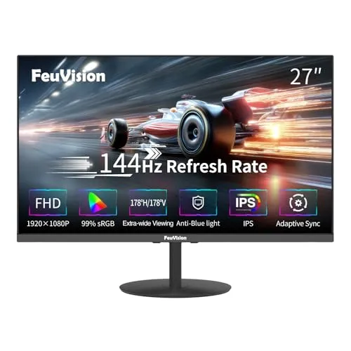 FeuVision 27 Zoll PC Monitor, 144Hz, FHD 1080p, Gaming Monitor, 4ms, IPS, VESA montierbar, Eye-Care, Rahmenlos Bildschirm, DP, HDMI, Blaulichtfilter