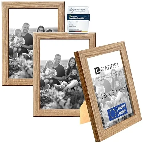 CABBEL 3er Set Bilderrahmen 15x21 cm, Eiche, stabiles MDF-Holz Rahmen, bruchsicherem Plexi-Glas, zum Aufhängen & Aufstellen, ideal für Fotos/Bilder/Collage