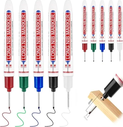 Jgfwat 5 Stück Tieflochmarker, Bohrlochmarker, Wasserdichte Permanentmarker,20mm Extralange Spitze,für Holz Kunststoff Karton Wand Baustelle(Schwarz Blau Grün Rot Weiß)