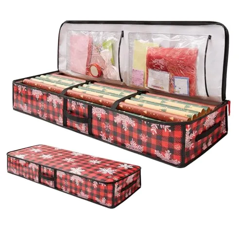 Geschenkpapier Aufbewahrungstasche 104x36x16cm, Geschenkpapier Organizer, PE Geschenkpapierrollen Organizer mit Fächern, Aufbewahrungsbox für Geschenktasche (Rotes Schneeflocken-Karomuster)