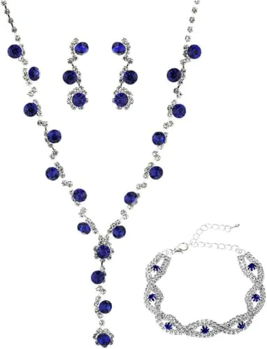 FDEETY Schmuckset Damen Braut Strass Halskette Ohrringe Armbänder Sets Brautjungfer Schmuckset Geschenk Brautschmuck Hochzeit für Braut Brautjungfer (Blau)