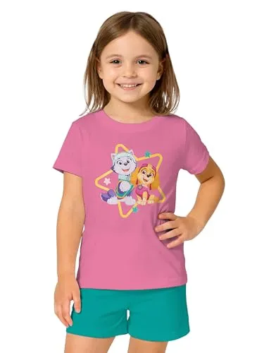 Paw Patrol Schlafanzug für Mädchen - Skye & Everest Kinder Pyjama Set Kurzarm Oberteil mit Hose Pink/Türkis (as3, Numeric, Numeric_110, Numeric_116, Regular, 110-116)