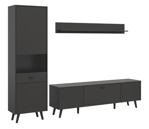 furnling Wohnzimmer-Set Linia, (3-St., bestehend aus Lowboard, Vitrine, Wandboard), Wohnzimmermöbel, Komplett-Set, Breite 258 cm, grau matt