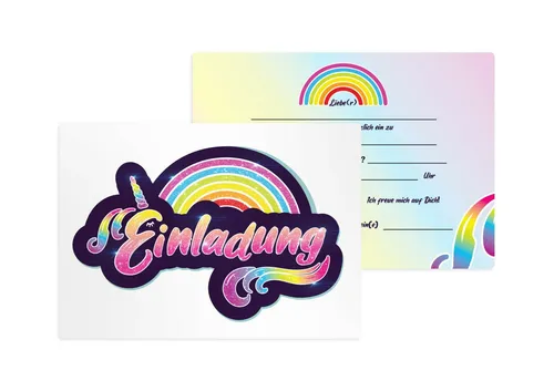 Glitzer Regenbogen Einladung, 12 Regenbogen Einladungskarten Kindergeburtstag