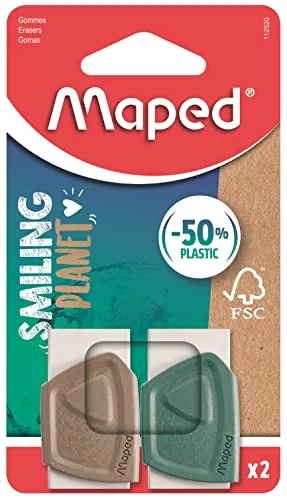 Maped - der ökologisch nachhaltige Radierer SMILING PLANET x2 - aus FSC-zertifizeirtem Kautschuk - Schuber aus Holzfaserverbundstoff - ergonomische Griffform des Schubers