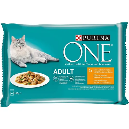 PURINA ONE ADULT Katzenfutter Huhn und grüne Bohnen (4 x 85g) - Nassfutter für erwachsene Katzen mit Huhn und grünen Bohnen, reich an Proteinen für gesunde Muskeln und ein starkes Immunsystem.