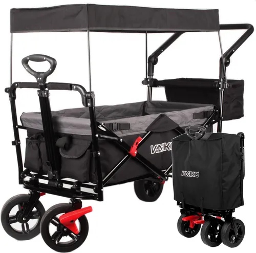 Bollerwagen Faltbar Handwagen mit Dach – Ideal für Garten und Ausflüge - Bollerwagen aus strapazierfähigem 600D Oxford Nylon, faltbar mit 4 kugelgelagerten Rädern und Bremsfunktion. Traglast bis 80kg, perfekt für den Transport im Garten oder bei Ausflügen.