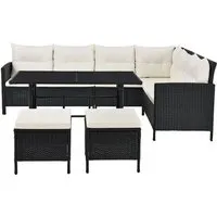 Juskys Polyrattan Lounge Manacor - Stilvolles Gartenmöbel-Set für 7 Personen - Gartenmöbel Set mit Sofa, Tisch & Hockern aus wetterfestem Polyrattan - perfekt für gesellige Abende im Freien. Bequeme Kissen und robustes Design sorgen für höchsten Komfort.