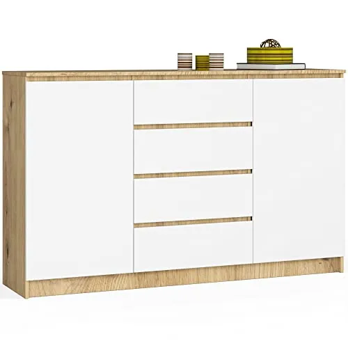 AKORD Kommode K 160 cm | 4 Schubladen und 2 Türen | für Wohnzimmer Schlafzimmer Schrank Wohnzimmer | Modernes Funktionelles Design | 16mm Schichtstoffplatte | Farbe: Artisan Eiche | Weiß