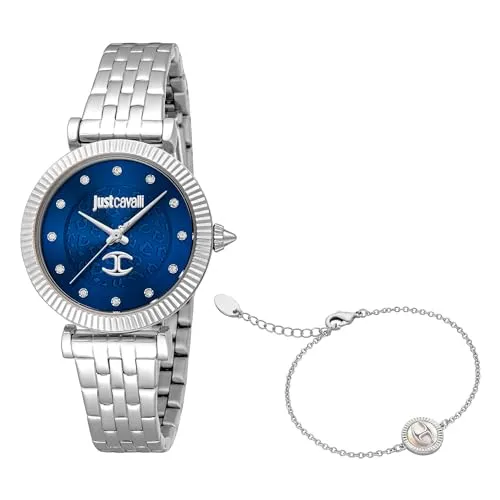 Just Cavalli Damenuhr Analog Quarz mit Edelstahlarmband JC1L266M0015, dunkelblau, Mode