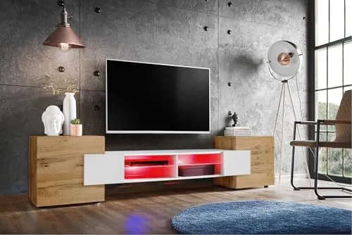 Komodee, Merano Bank TV Schrank, Wotan Weiss Wotan, LED RGB, Breite 230 cm x Höhe 52,5 cm x Tiefe 35 cm, für Wohnzimmer, Schlafzimmer