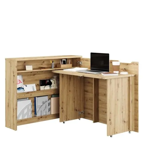 Homlando Lenart Work Concept CW-01P - Ausklappbarer Schreibtisch mit Regalen - Rechte Seite - Arbeitsfläche Tischplatte 100 cm - Intelligentes Home Office (Handwerkliche Eiche)