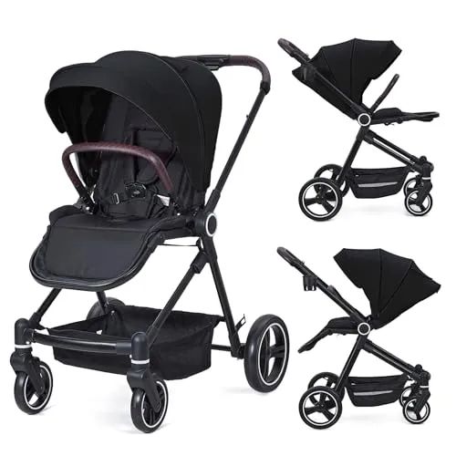 Kinderwagen 3 In 1, Kinderwagen Set Mit Sportlichen Sitz, Buggy Mit Umkehrbarem,Babywanne Buggy and Sportsitz Mit Einem Klick Zusammenklappbarer,Tragbarer, Regenschutz Große Ausziehbare Verdeck