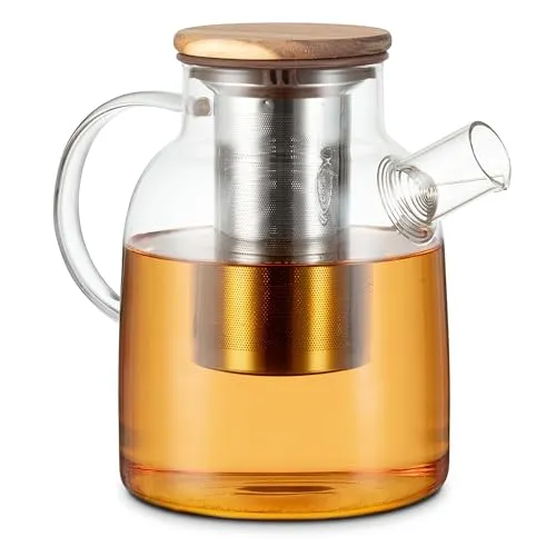Teekanne aus Glas mit Holzdeckel & Edelstahlfilter – 1,5L für losen Tee