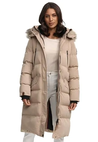 MARIKOO lange Damen Winterjacke - warmer Parka mit Kapuze B890 - Damen-Mäntel mit abnehmbarer Kapuze und Kunstfellkragen, ideal für kühle Temperaturen und optimaler Passform für perfekten Schutz.
