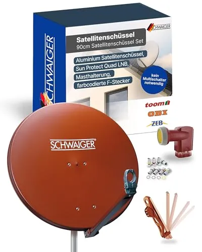 Schwaiger 714616 SAT-Antenne 88 cm - SAT-Antenne mit 88 cm Durchmesser, ideal für besten Empfang auch bei schlechtem Wetter, inklusive Digital Quad LNB und vormontierten Halterungen.