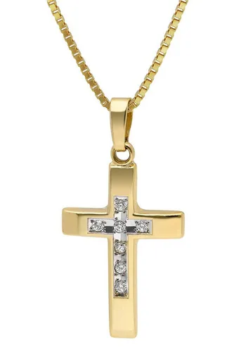 trendor Kette mit Anhänger Kreuz 585 Gold 14K mit Zirkonia an vergoldeter Silberkette
